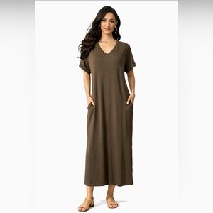 Pure J Jill Maxi Dress L Large Brown Pockets Short Sleeve Modal Cotton Washable